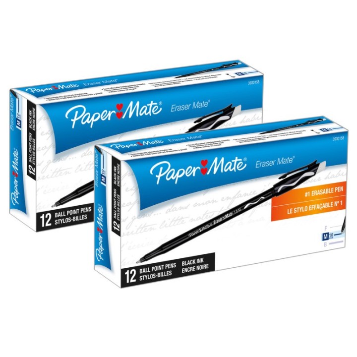 Paper Mate® Eraser Mate® Erasable Pen, Medium Point, Black, 12 Per Pack, 2 Packs