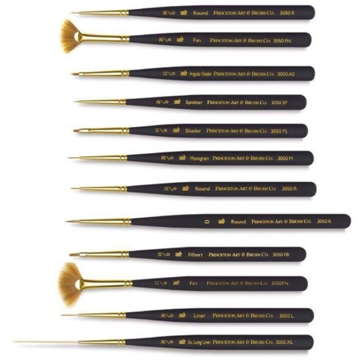 Princeton Mini-Detailer Brush Set, Synthetic Bristles, Short Handle Mixed Media Paintbrush, Black, 12 Pieces