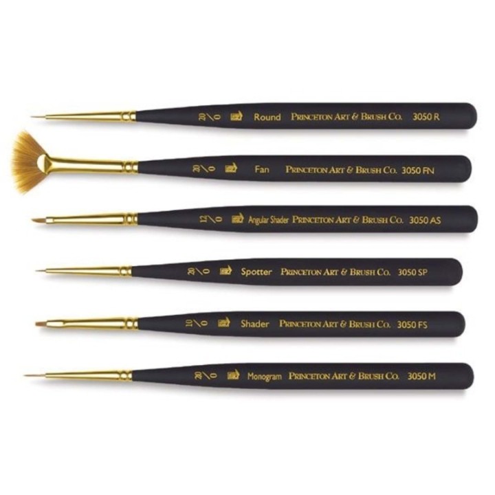 Princeton Mini-Detailer Brush Set, Synthetic Bristles, Short Handle Mixed Media Paintbrush, Black, 6 Pieces