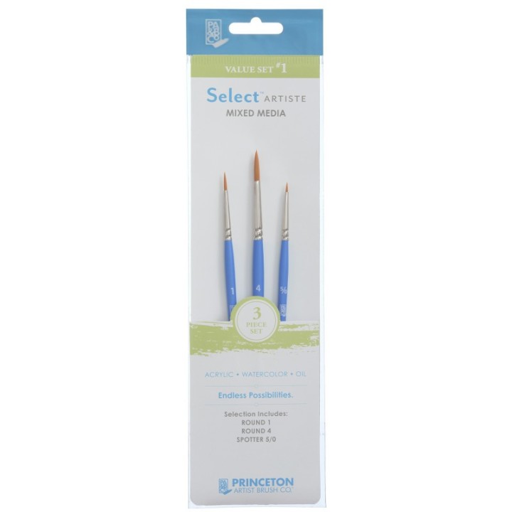 Princeton Select Artiste Brush Set No. 1, Synthetic Bristles, Short Handle Mixed Media Paintbrush, Jewel Blue, 3 Pieces