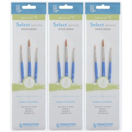 Princeton Select Artiste Brush Set No. 1, Synthetic Bristles, Short Handle Mixed Media Paintbrush, Jewel Blue, 3 Per Set, 3 Sets