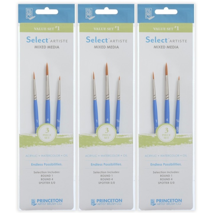 Princeton Select Artiste Brush Set No. 1, Synthetic Bristles, Short Handle Mixed Media Paintbrush, Jewel Blue, 3 Per Set, 3 Sets