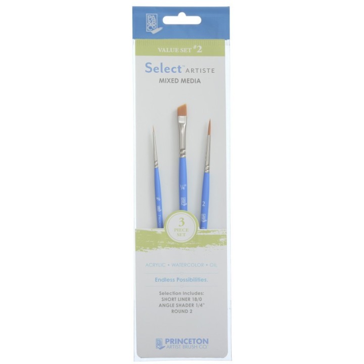 Princeton Select Artiste Brush Set No. 2, Synthetic Bristles, Short Handle Mixed Media Paintbrush, Jewel Blue, 3 Pieces