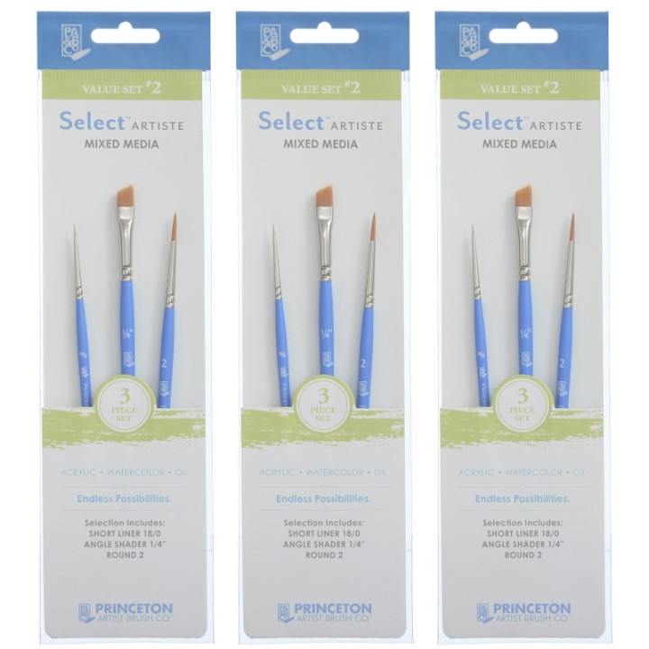 Princeton Select Artiste Brush Set No. 2, Synthetic Bristles, Short Handle Mixed Media Paintbrush, Jewel Blue, 3 Per Set, 3 Sets