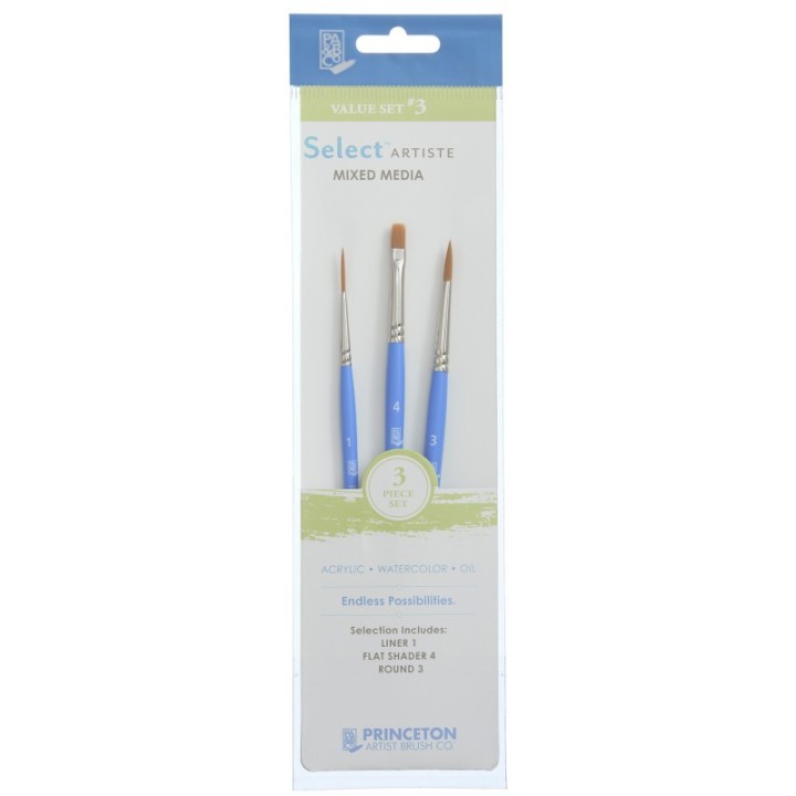 Princeton Select Artiste Brush Set No. 3, Synthetic Bristles, Short Handle Mixed Media Paintbrush, Jewel Blue, 3 Pieces
