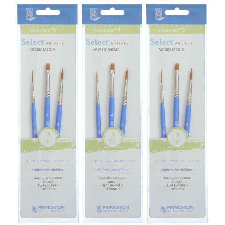 Princeton Select Artiste Brush Set No. 3, Synthetic Bristles, Short Handle Mixed Media Paintbrush, Jewel Blue, 3 Per Set, 3 Sets