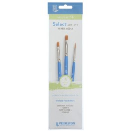 Princeton Select Artiste Brush Set No. 4, Synthetic Bristles, Short Handle Mixed Media Paintbrush, Jewel Blue, 3 Pieces