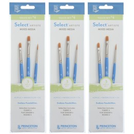 Princeton Select Artiste Brush Set No. 4, Synthetic Bristles, Short Handle Mixed Media Paintbrush, Jewel Blue, 3 Per Set, 3 Sets