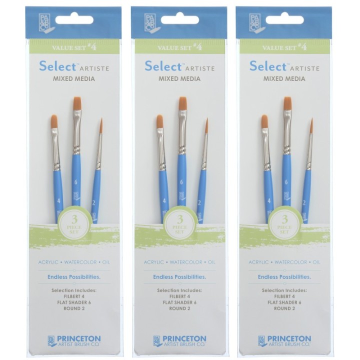 Princeton Select Artiste Brush Set No. 4, Synthetic Bristles, Short Handle Mixed Media Paintbrush, Jewel Blue, 3 Per Set, 3 Sets