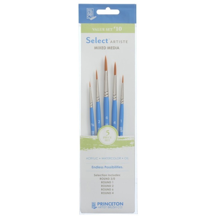 Princeton Select Artiste Brush Set No. 10, Synthetic Bristles, Short Handle Mixed Media Paintbrush, Jewel Blue, 5 Pieces
