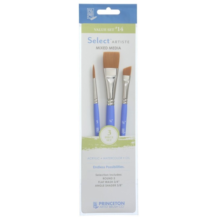 Princeton Select Artiste Brush Set No. 14, Synthetic Bristles, Short Handle Mixed Media Paintbrush, Jewel Blue, 3 Pieces