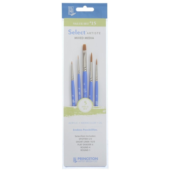 Princeton Select Artiste Brush Set No. 15, Synthetic Bristles, Short Handle Mixed Media Paintbrush, Jewel Blue, 5 Pieces
