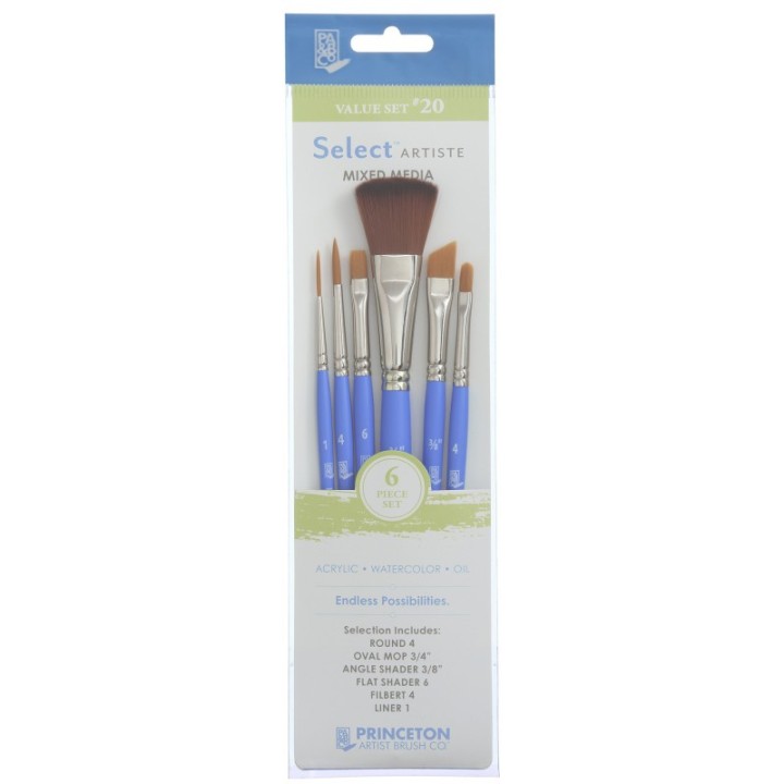Princeton Select Artiste Brush Set No. 20, Synthetic Bristles, Short Handle Mixed Media Paintbrush, Jewel Blue, 6 Pieces