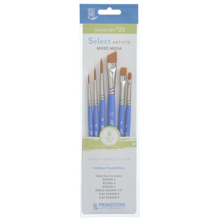 Princeton Select Artiste Brush Set No. 22, Synthetic Bristles, Short Handle Mixed Media Paintbrush, Jewel Blue, 6 Pieces