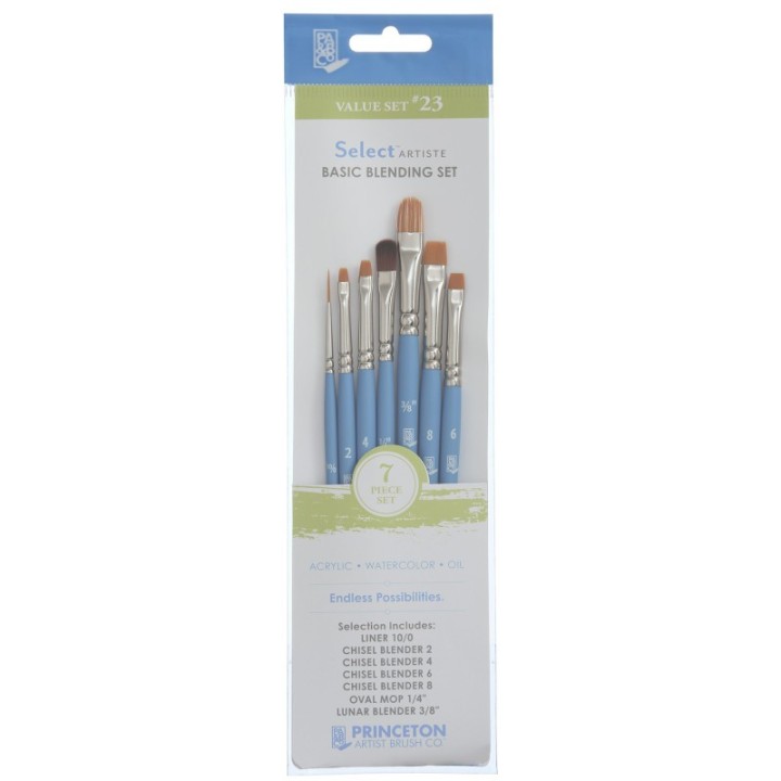 Princeton Select Artiste Brush Set No. 23, Synthetic Bristles, Short Handle Mixed Media Paintbrush, Jewel Blue, 7 Pieces