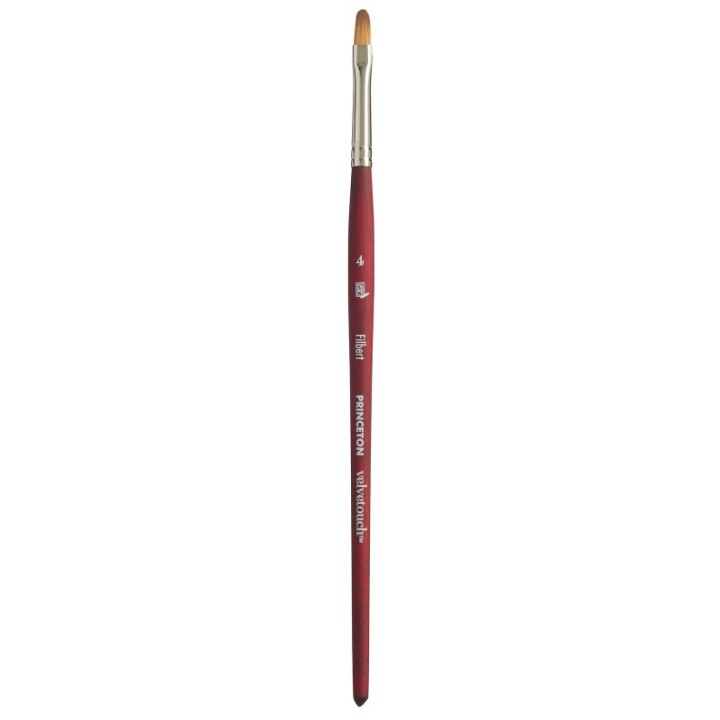 Princeton Velvetouch Filbert Brush, Synthetic Bristles, Short Handle Mixed Media Paintbrush, Scarlet, Size 4, 1 Count