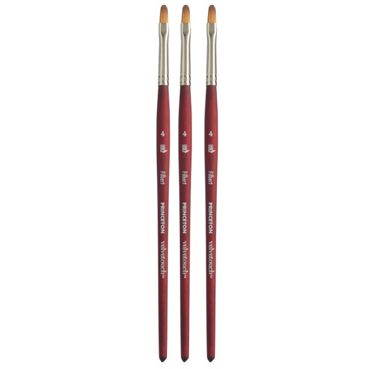 Princeton Velvetouch Filbert Brush, Synthetic Bristles, Short Handle Mixed Media Paintbrush, Scarlet, Size 4, Pack of 3