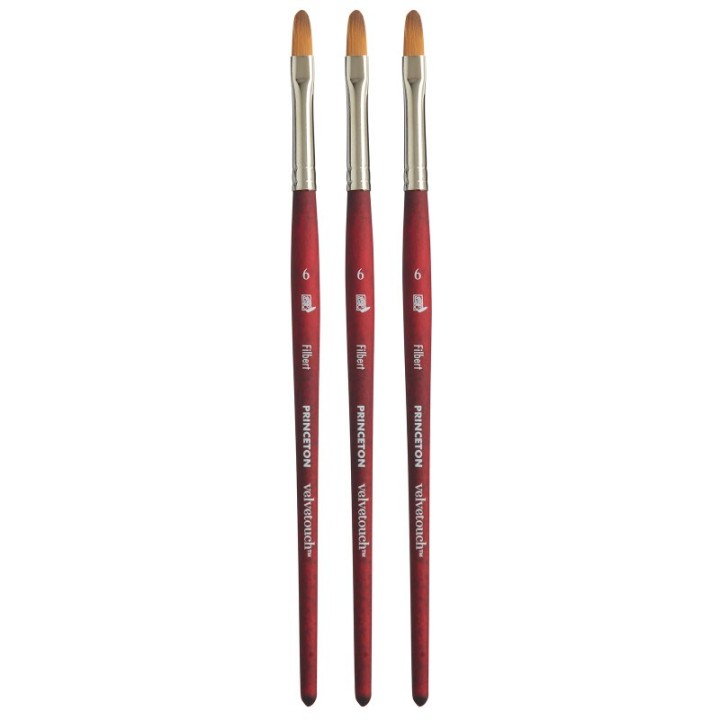 Princeton Velvetouch Filbert Brush, Synthetic Bristles, Short Handle Mixed Media Paintbrush, Scarlet, Size 6, Pack of 3