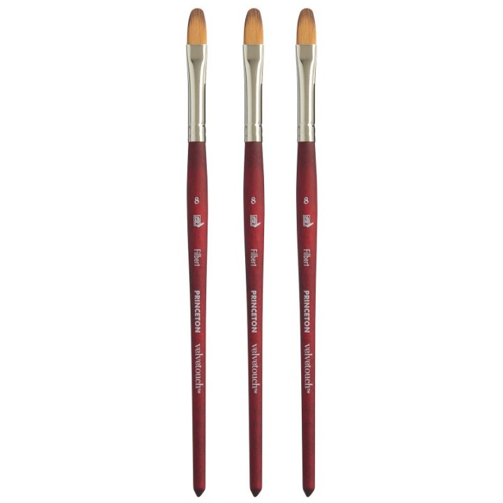 Princeton Velvetouch Filbert Brush, Synthetic Bristles, Short Handle Mixed Media Paintbrush, Scarlet, Size 8, Pack of 3