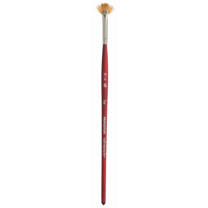 Princeton Velvetouch Fan Brush, Synthetic Bristles, Short Handle Mixed Media Paintbrush, Scarlet, Size 10/0, 1 Count