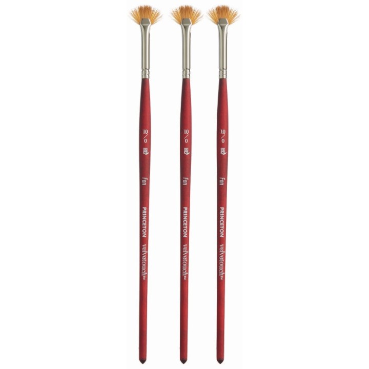 Princeton Velvetouch Fan Brush, Synthetic Bristles, Short Handle Mixed Media Paintbrush, Scarlet, Size 10/0, Pack of 3