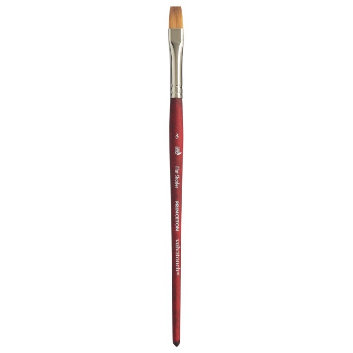 Princeton Velvetouch Flat Shader Brush, Synthetic Bristles, Short Handle Mixed Media Paintbrush, Scarlet, Size 8, 1 Count