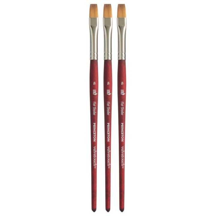 Princeton Velvetouch Flat Shader Brush, Synthetic Bristles, Short Handle Mixed Media Paintbrush, Scarlet, Size 8, Pack of 3