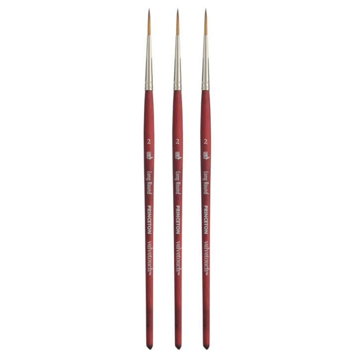 Princeton Velvetouch Long Round Brush, Synthetic Bristles, Short Handle Mixed Media Paintbrush, Scarlet, Size 2, Pack of 3