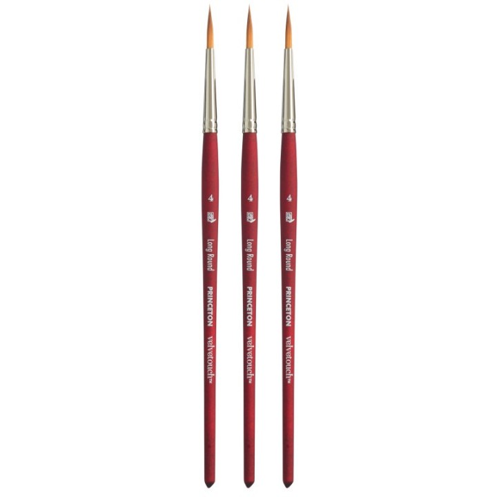 Princeton Velvetouch Long Round Brush, Synthetic Bristles, Short Handle Mixed Media Paintbrush, Scarlet, Size 4, Pack of 3