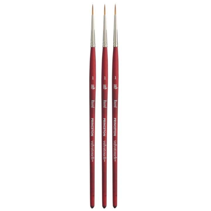 Princeton Velvetouch Round Brush, Synthetic Bristles, Short Handle Mixed Media Paintbrush, Scarlet, Size 1, Pack of 3