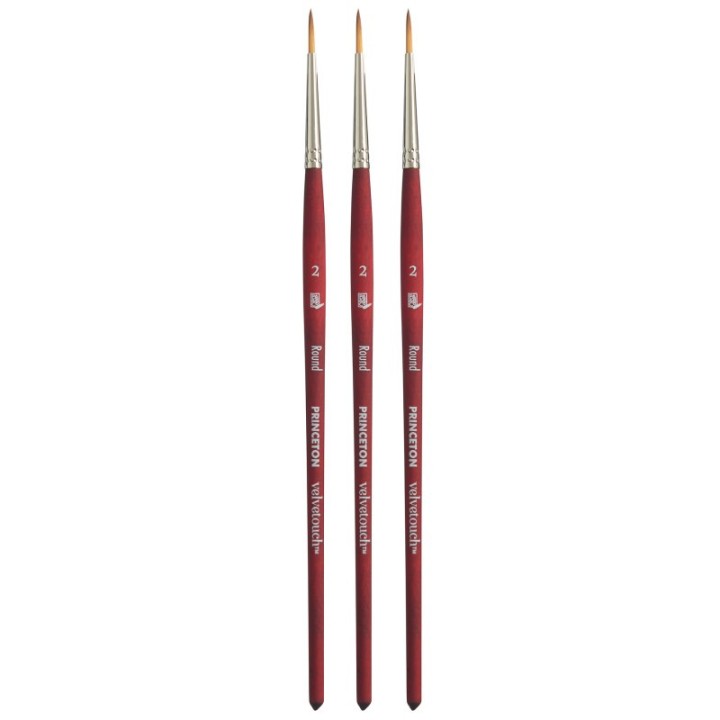 Princeton Velvetouch Round Brush, Synthetic Bristles, Short Handle Mixed Media Paintbrush, Scarlet, Size 2, Pack of 3