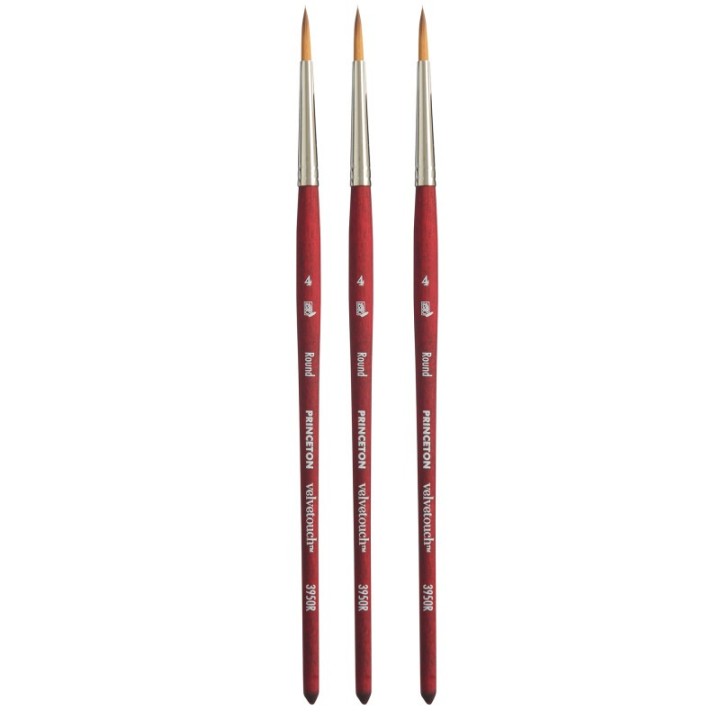 Princeton Velvetouch Round Brush, Synthetic Bristles, Short Handle Mixed Media Paintbrush, Scarlet, Size 4, Pack of 3