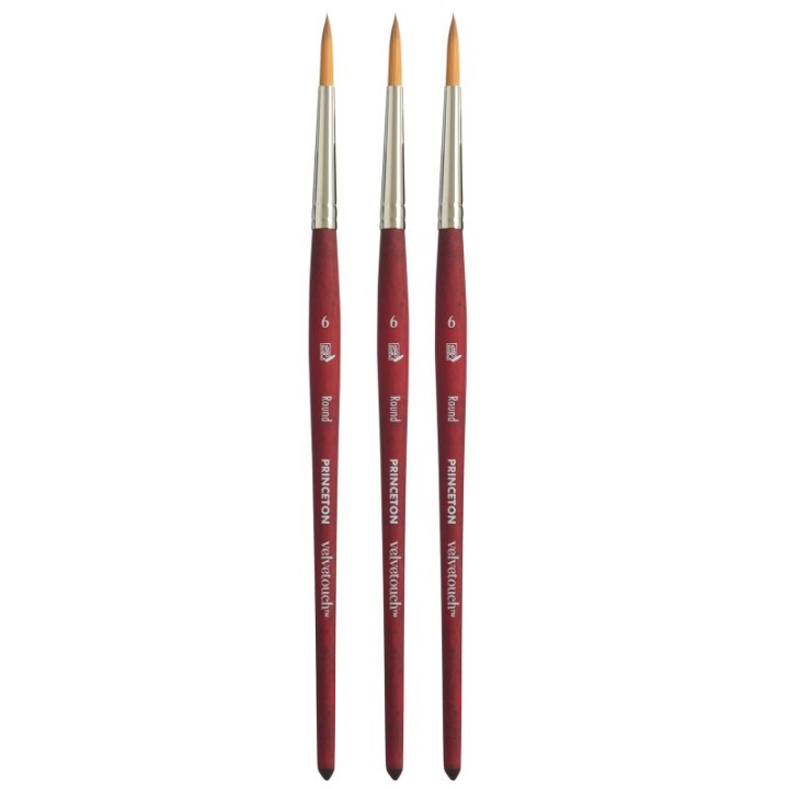 Princeton Velvetouch Round Brush, Synthetic Bristles, Short Handle Mixed Media Paintbrush, Scarlet, Size 6, Pack of 3