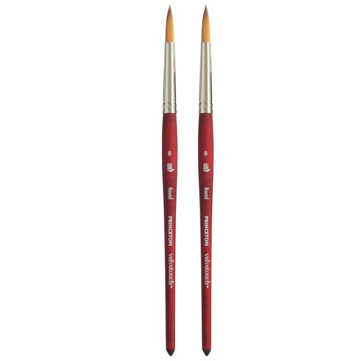 Princeton Velvetouch Round Brush, Synthetic Bristles, Short Handle Mixed Media Paintbrush, Scarlet, Size 8, Pack of 2