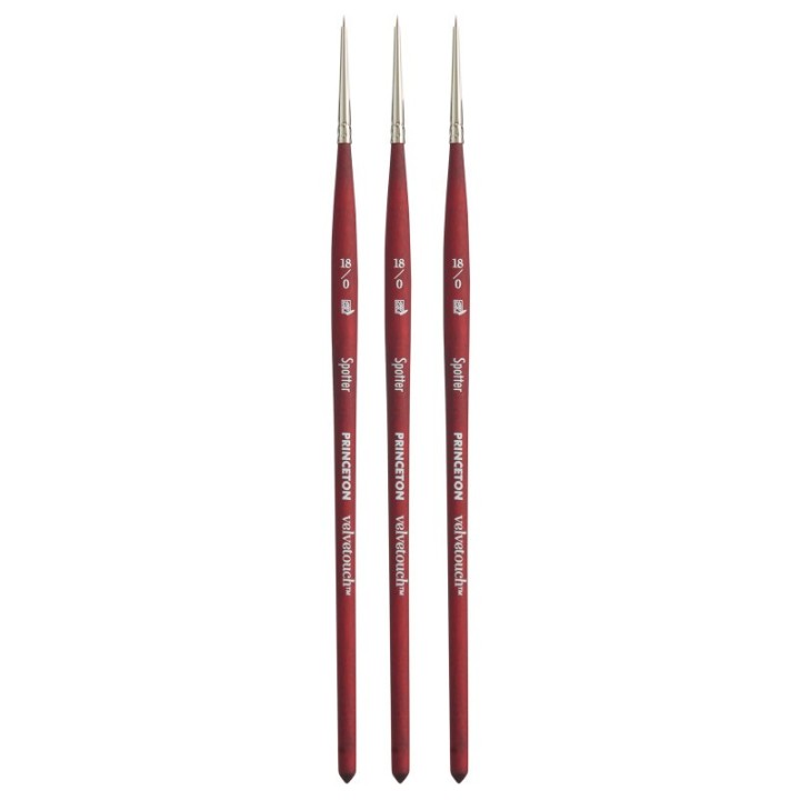 Princeton Velvetouch Spotter Brush, Synthetic Bristles, Short Handle Mixed Media Paintbrush, Scarlet, Size 18/0, Pack of 3