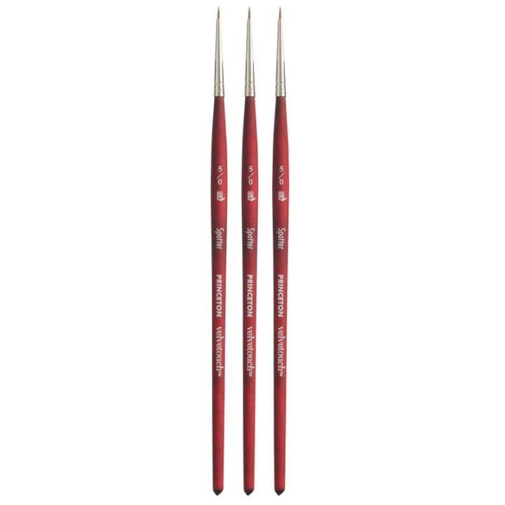 Princeton Velvetouch Spotter Brush, Synthetic Bristles, Short Handle Mixed Media Paintbrush, Scarlet, Size 5/0, Pack of 3