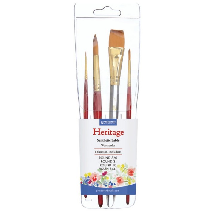Princeton Heritage Brush Set, Synthetic Bristles, Short Handle Watercolor Paintbrush, Scarlet, 4 Pieces