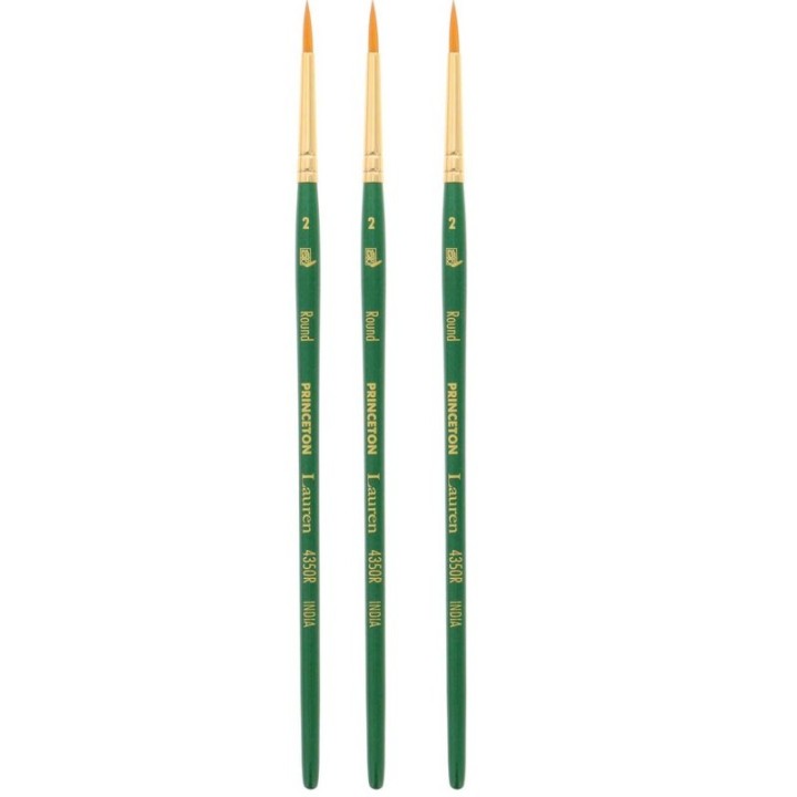 Princeton Lauren Round Brush, Synthetic Bristles, Short Handle Watercolor Paintbrush, Evergreen, Size 2, Pack of 3