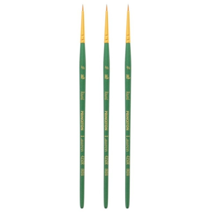 Princeton Lauren Round Brush, Synthetic Bristles, Short Handle Watercolor Paintbrush, Evergreen, Size 3/0, Pack of 3