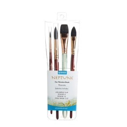 Princeton Neptune Watercolor Brush Set, Synthetic Bristles, Short Handle Watercolor Paintbrush, Dark Wood, 4 Pieces