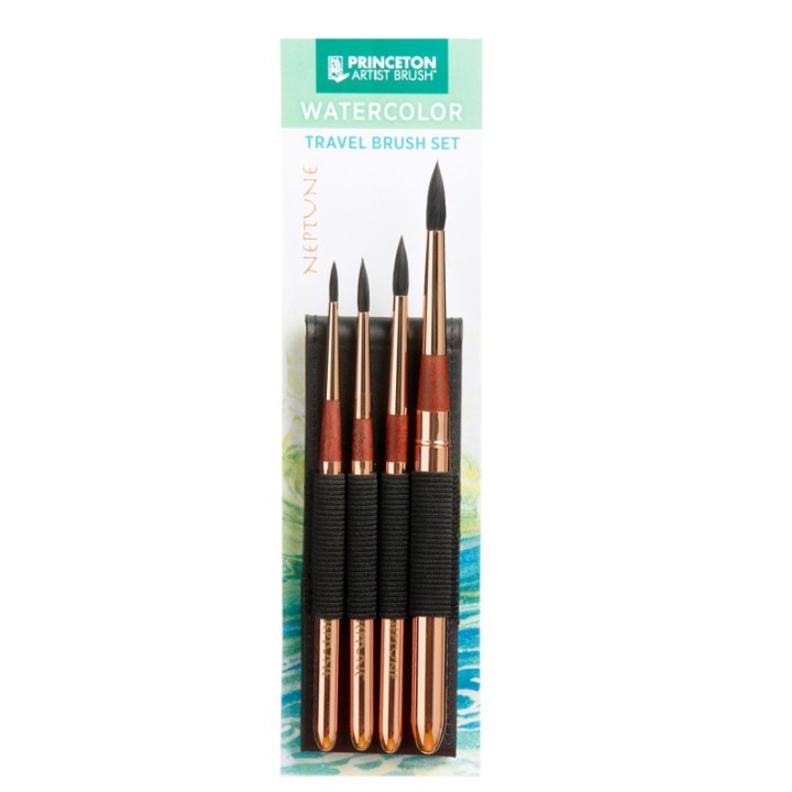 Princeton Neptune Watercolor Brush Set, Synthetic Bristles, Short Handle Watercolor Paintbrush, Gold, 4 Pieces