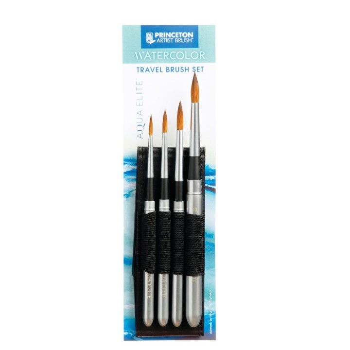 Princeton Aqua Elite Brush Travel Set, Synthetic Bristles, Short Handle Watercolor Paintbrush, Matte Black, 4 Pieces