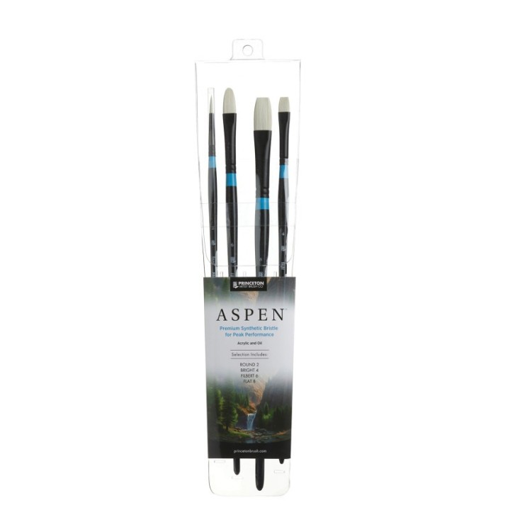 Princeton Aspen Brush Set, Synthetic Bristles, Long Handle Acrylic & Oil Paintbrush, Black, 4 Pieces