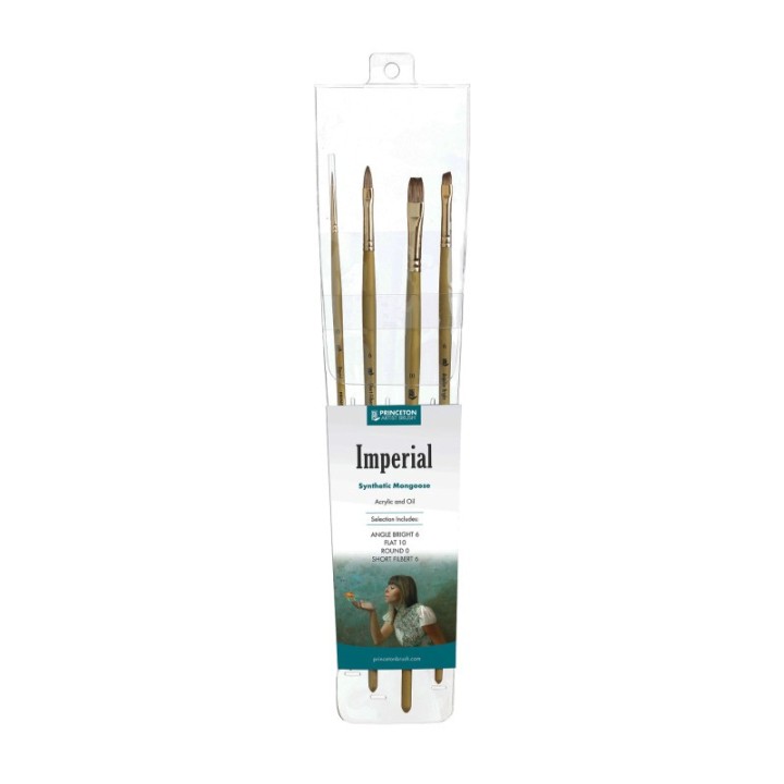 Princeton Imperial Brush Set, Synthetic Bristles, Long Handle Acrylic & Oil Paintbrush, Gold, 4 Pieces