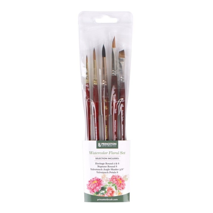 Princeton Floral Brush Set, Short Handle Watercolor Paintbrush, Assorted, 5 Pieces