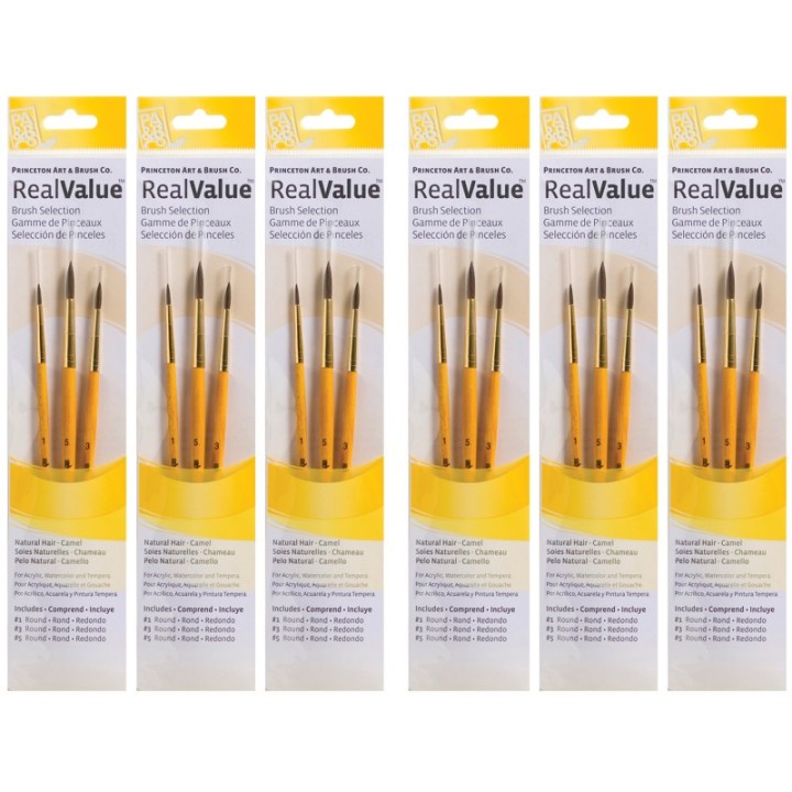 Princeton RealValue Round Brush Set, Camel Bristles, Short Handle Mixed Media Paintbrush, Yellow, 3 Per Set, 6 Sets