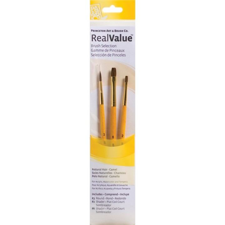 Princeton RealValue Brush Set, Camel Bristles, Short Handle Mixed Media Paintbrush, Brown, 3 Pieces