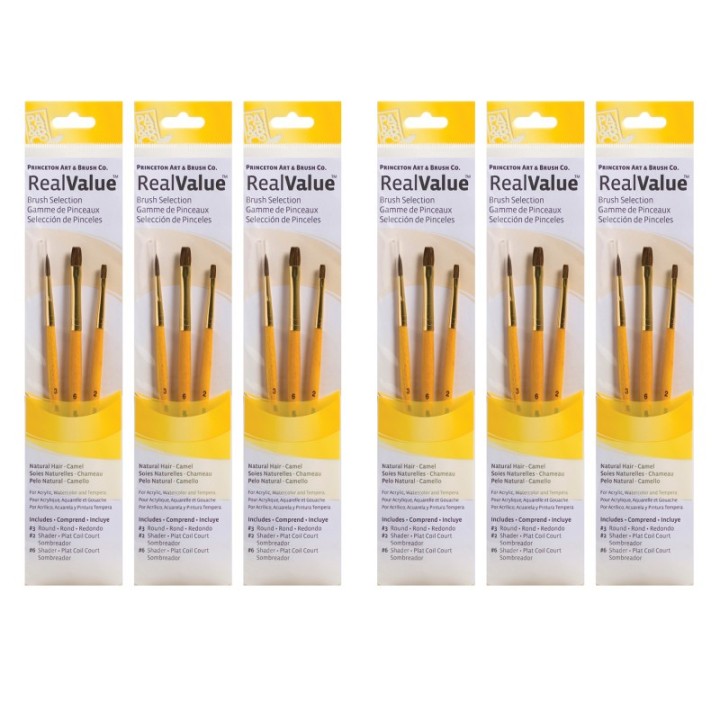 Princeton RealValue Brush Set, Camel Bristles, Short Handle Mixed Media Paintbrush, Brown, 3 Per Set, 6 Sets