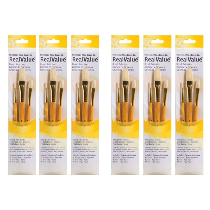 Princeton RealValue Brush Set, Natural Bristles, Short Handle Mixed Media Paintbrush, Yellow, 3 Per Set, 6 Sets