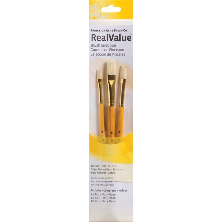 Princeton RealValue Brush Set, Natural Bristles, Short Handle Mixed Media Paintbrush, Yellow, 3 Pieces
